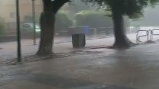 Watch Raw: Rain Washes Trash Bins Down Israeli Street Video