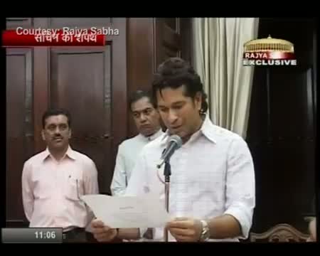 Watch Sachin Tendulkar takes oath as Rajya Sabha MP Video