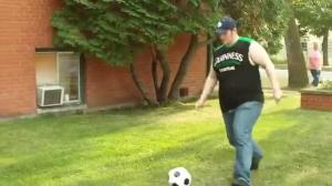 Watch Fat guy vs. soccer ball Video