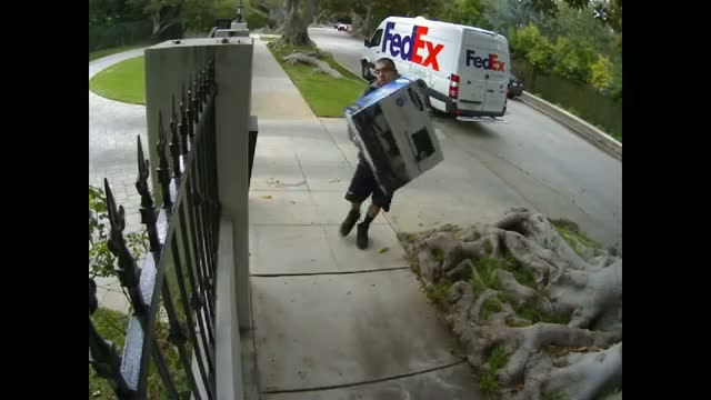 Watch FedEx guy throws package over fence Video