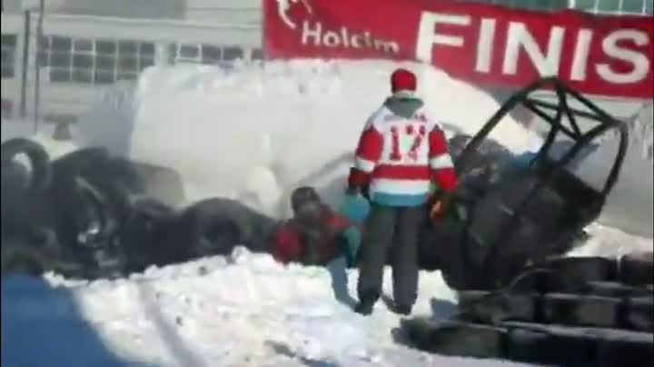 Watch Toboggan Crashes Into Snow Barrier Video