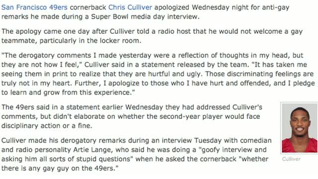 Watch Chris Culliver, 49ers Cornerback, Says Gay Players Not Welcome On NFL Team Video