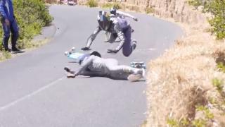 Watch Lonboarder Crashes And Takes Out Two Others Video
