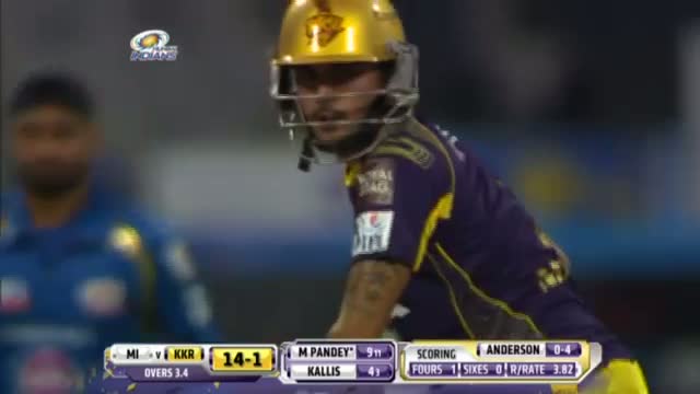 Watch Pandey six runs, CJ Anderson to Manish Pandey 6 runs - MI vs KKR - PEPSI IPL 2014 - Match 1 (16 April 2014) Video