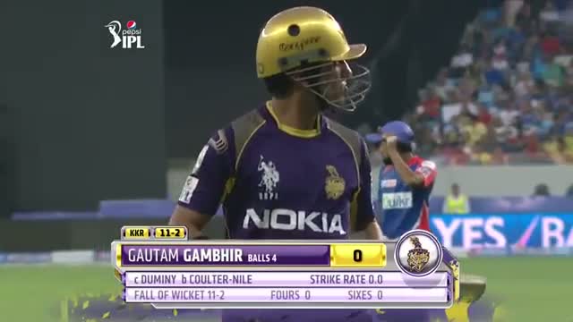 Watch KKR vs DD - Match 6 - Gautam Gambhir and Yusuf Pathan fall in Coulter-Nile bowling - PEPSI IPL 2014 (19 April 2014) Video