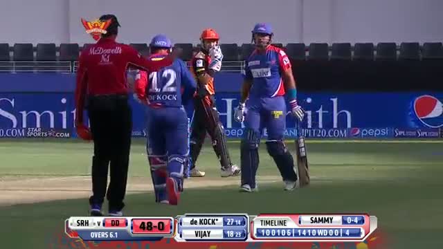 Watch SRH vs DD - Match 12 - Quinton de Kock missed out on a fifty, out on 48 - PEPSI IPL 2014 (25 April 2014) Video