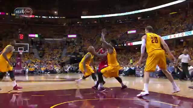 Watch NBA: James Gets the Block then Drives, Spins and Scores! Video