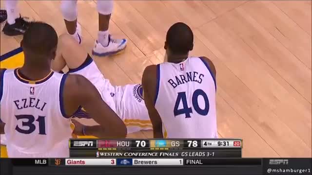 Watch Klay Thompson hit in the head by Trevor Ariza knee 5-27-15 Video