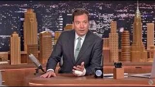Watch Jimmy Fallon almost lost his finger because he tripped over a braided rug Video