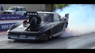 Watch JEFF WILSON SCF RACE CARS CORVETTE DOORSLAMMER 6.19 @ 202 MPH SYDNEY DRAGWAY Video