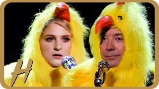 Watch Jimmy Fallon & Meghan Trainor Cluck Out Alanis Morissette's 'Ironic' Video