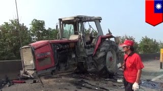 Watch Farm tractor causes highway accident crash, farmer breaks law by driving on highway Video