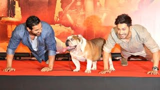 Watch Dishoom - John Abraham And Varun Dhawan Push Ups With BRADMAN! Video