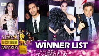 Watch Star Screen Awards 2016 - COMPLETE WINNERS LIST - Alia Bhatt, Deepika Padukone, Varun Dhawan Video