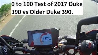 Watch 0 to 100 Test of 2017 Duke 390 vs Older Duke 390. Video