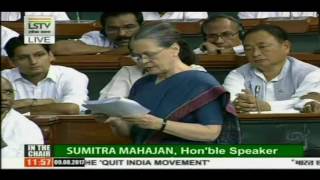 Watch Congress President Smt. Sonia Gandhi's address to Lok Sabha on Quit India's 75th anniversary Video