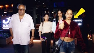 Watch HOT Janhvi Kapoor In RED On Dinner With Sister Khushi Kapoor And Father Boney Kapoor Video