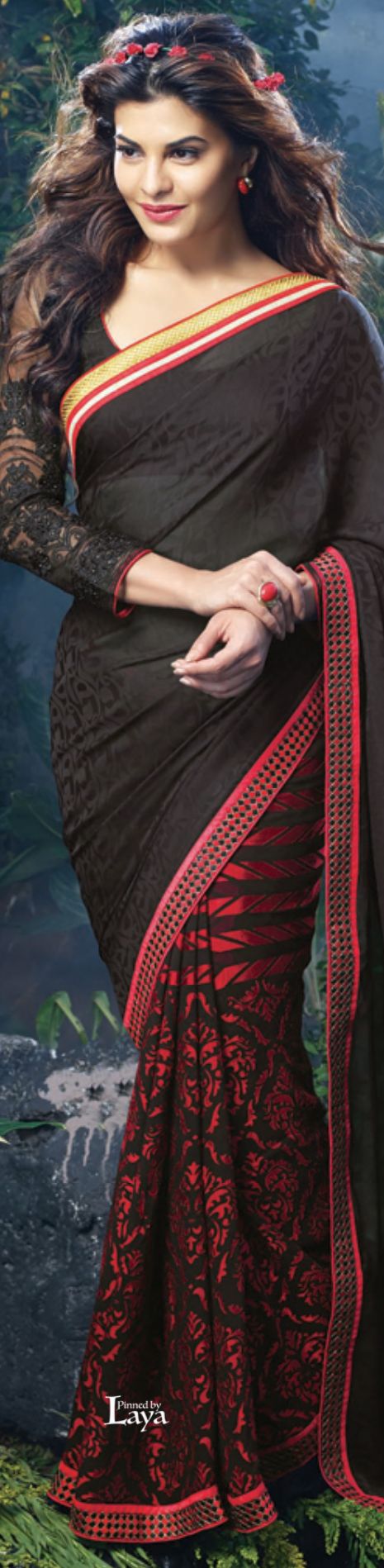 Download Jacqueline Fernandez in a black georgette saree Wallpaper HD FREE